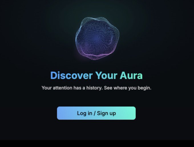 A "Discover Your Aura" login screen featuring a glowing purple 3D wireframe sphere, with a tagline reading "Your attention has a history. See where you begin," alongside a "Log in / Sign up" button—promoting the Kaito AI aura-checking tool mentioned in the post.