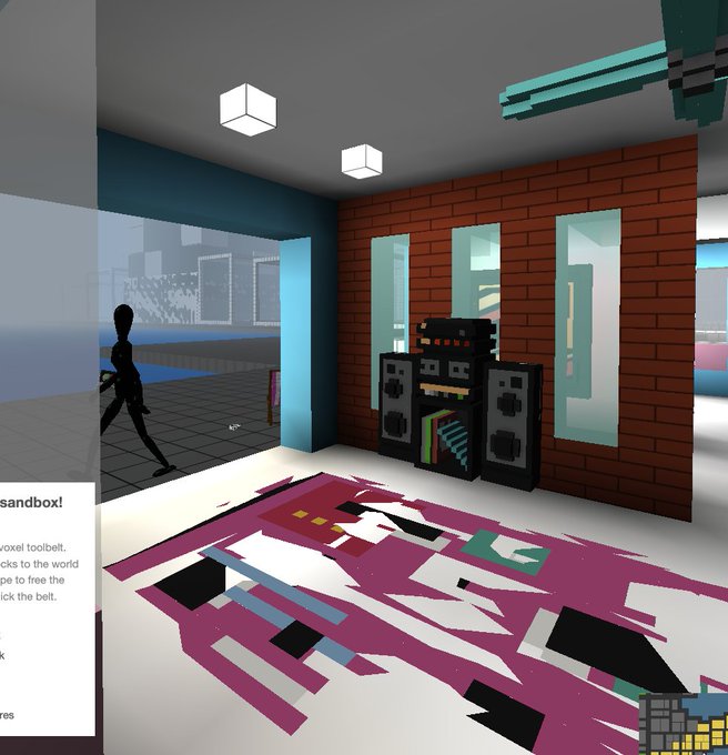 A screenshot of a voxel 3D environment showing a brick-walled room with stereo equipment and a pixelated character on a rug.