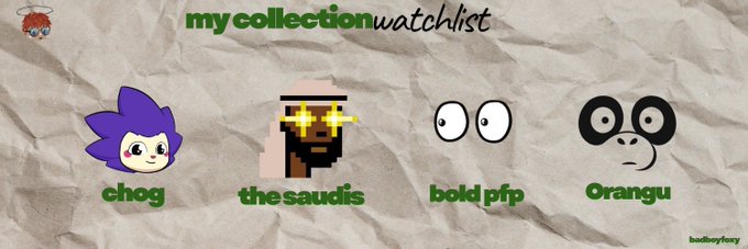 A watchlist banner titled 'my collection watchlist' on a crumpled paper background featuring four labeled avatars: 'chog' (purple-haired character), 'the saudis' (pixelated figure), 'bold pfp' (wide-eyed face), and 'Orangu' (orange face), with a 'badboyfancy' watermark.