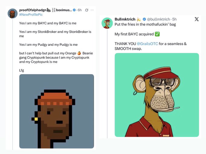 Two NFT-related tweets: 'proofofalphadign' (#NewProfilePic) showing a CryptoPunk avatar, and 'Bullmktrich' announcing the acquisition of a BAYC NFT featuring a Bored Ape character.