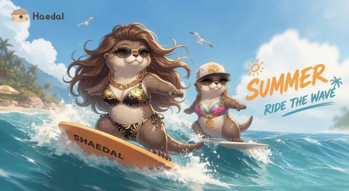 A digital illustration by 'Haedal' showing two otters wearing sunglasses and bikinis surfing on waves, with the surfboard labeled 'SHAEDAL' and the text 'SUMMER RIDE THE WAVE' in the sky.