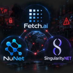 A dark cybersecurity-themed graphic displays the logos of **Fetch.ai**, **NuNet**, and **SingularityNET** arranged around a central globe, illustrating a coordinated crypto exploit that drained 8.7 million FET and involved the unauthorized minting of tokens across multiple AI-linked assets.