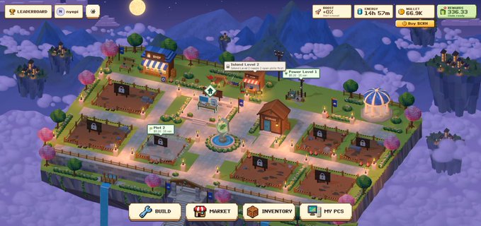 A screenshot of an isometric farming simulation game showing floating islands, crop plots, a market, fountain, and a windmill, with user interface elements like 'LEADERBOARD', 'BOOST +0%', and buttons for 'BUILD', 'MARKET', 'INVENTORY', and 'MY PCS'.
