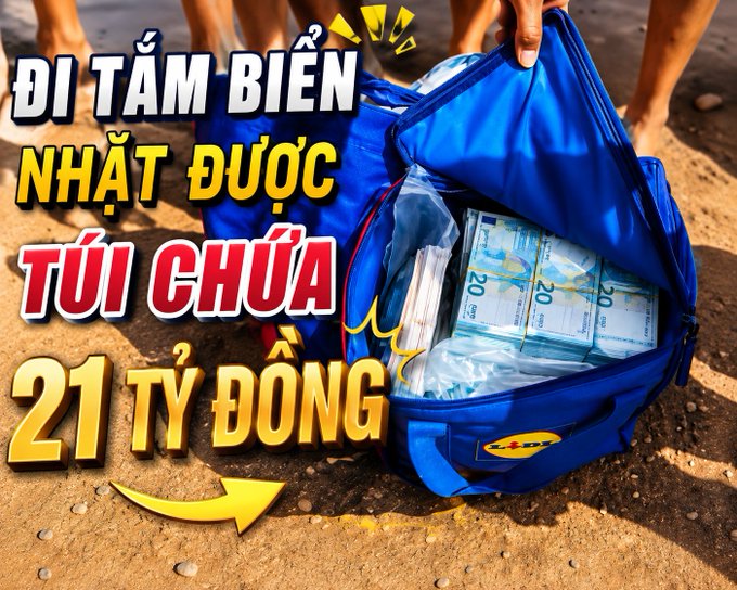 A sensational Vietnamese headline 'ĐI TẮM BIỂN NHẶT ĐƯỢC TÚI CHỨA 21 TỶ ĐỒNG' overlaid on an image of a blue bag on a beach filled with stacks of 20 Euro banknotes.