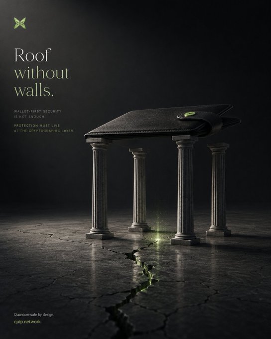 The image features an advertisement for a wallet that claims to be "decryptable" or "unhackable", implying its resistance against potential attacks from hackers. The wallet is placed on top of a cracked, broken pillar, which serves as a metaphor for the vulnerability of traditional wallets in comparison to modern cryptocurrencies like Bitcoin and Ethereum. The image also includes text about the limitations of traditional wallets and how they can be cracked by quantum computers, emphasizing the need for a more secure and advanced solution.