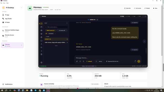 A screenshot of the Pi Desktop application showing the Hermes AI assistant interface running on a Pi Node, with the chat displaying an "I am Hermes" response, indicating 0.2% CPU usage, 254 MB RAM, and 1.3 GB storage utilization. The image visually supports the post's point about successfully installing Hermes on a Pi Node, demonstrating it as operational AI-ready infrastructure.