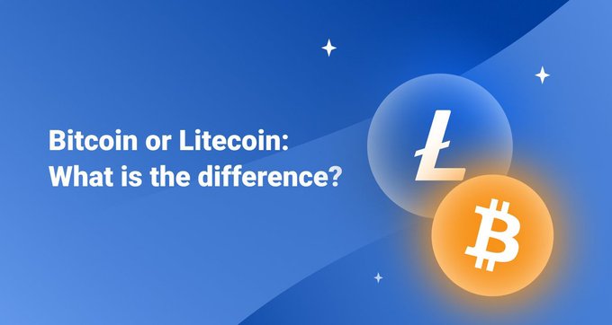 A blue banner asking 'Bitcoin or Litecoin: What is the difference?' with overlapping Litecoin and Bitcoin coin icons.