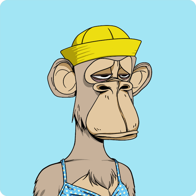 The image features a cartoon monkey wearing a yellow hat, dressed in a blue dress with white polka dots. The monkey appears to be looking down or frowning, giving off an expression of boredom or disinterest. The background color of the image is light blue, which contrasts nicely with the monkey's attire and further emphasizes its presence. There are no other objects or texts present in the image, making it a simple yet engaging visual composition that captures the viewer's attention.