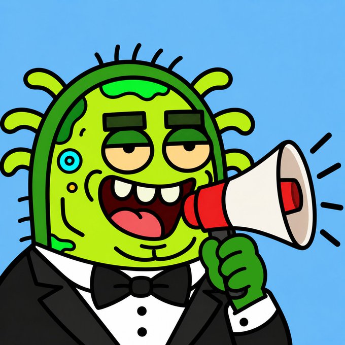 A cartoon illustration of a green, multi-eyed character in a tuxedo speaking into a red and white megaphone.