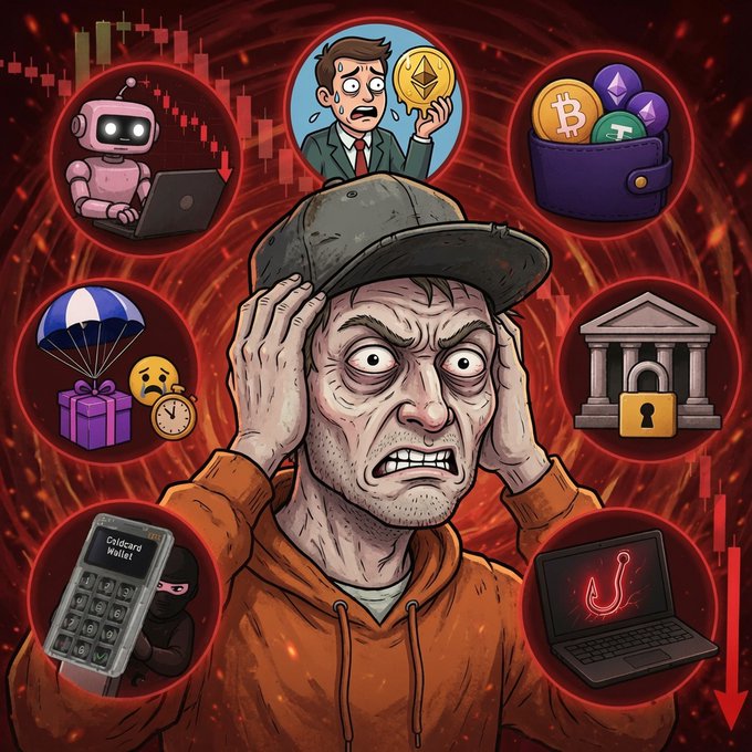 A dramatic illustration of a stressed man in a cap, surrounded by red circular icons depicting various crypto-related fears, including falling charts, a crypto scammer, theft, and a phishing 'CryptoCard Wallet'.