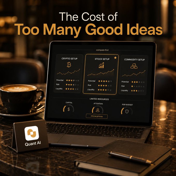 An image titled 'The Cost of Too Many Good Ideas' shows a laptop displaying a trading interface comparing 'CRYPTO SETUP,' 'STOCK SETUP,' and 'COMMODITY SETUP' options, with a 'Quant AI' logo on a stand next to it.