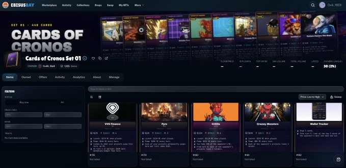 A screenshot of the EbisusBay NFT marketplace displaying a collection called 'Cards of Cronos' with various card listings and filter options visible.