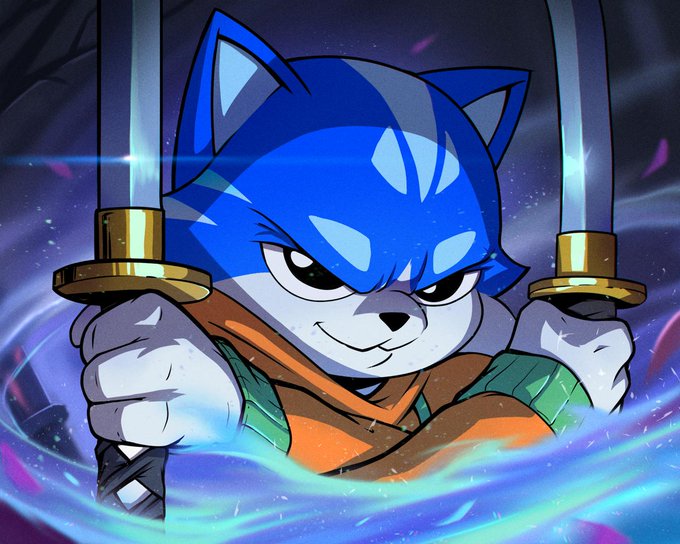 An animated blue cat character wielding two swords with a determined expression.