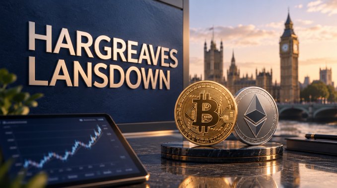 A promotional graphic for Hargreaves Lansdown featuring Bitcoin and Ethereum coins on a pedestal with the Houses of Parliament and Big Ben in the background, alongside a tablet displaying a market chart.