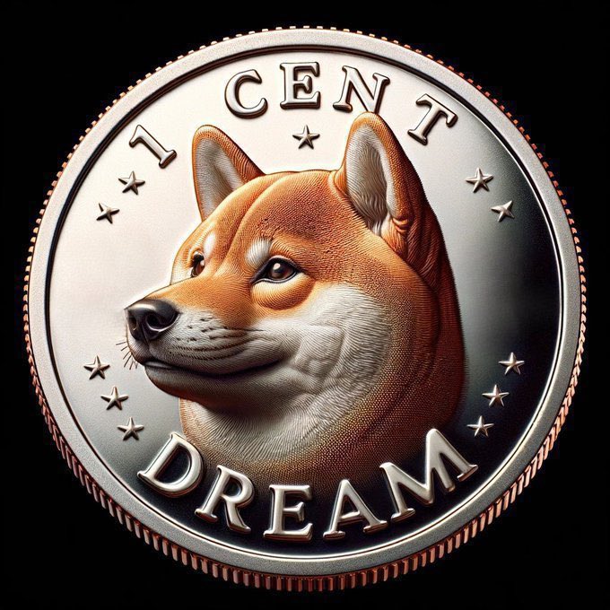 A digital illustration of a coin featuring a Shiba Inu dog's face in the center, surrounded by stars, with the words "1 CENT" at the top and "DREAM" at the bottom.