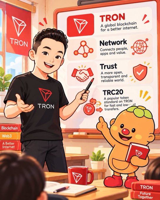 An illustrated scene of a man in a TRON shirt giving a presentation about blockchain technology alongside a small mascot character, with a presentation board displaying TRON, Network, Trust, and TRC20.