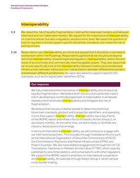 A page from a 'Financial Conduct Authority and Bank of England' feedback statement discussing interoperability, with yellow highlighting on key phrases such as 'Interoperability', 'common', and 'same data' standard.