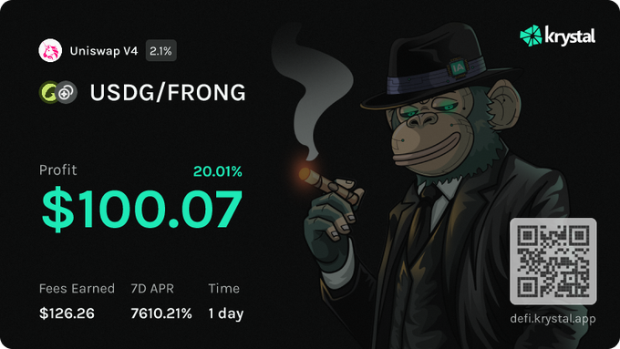 The image shows a Krystal DeFi dashboard screenshot displaying a Uniswap V4 USDG/FRONG liquidity position with a 20.01% profit of $100.07, alongside an illustration of a suited monkey smoking a cigar. The accompanying caption celebrates earning this modest profit from providing liquidity in $FRONG, joking that it's just enough for a small snack.
