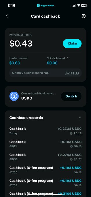 A screenshot of a Bitget Wallet app showing a Card cashback page with a pending amount of $0.43, a monthly eligible spend cap of $200.00, USDC as the current cashback asset, and a list of cashback records.