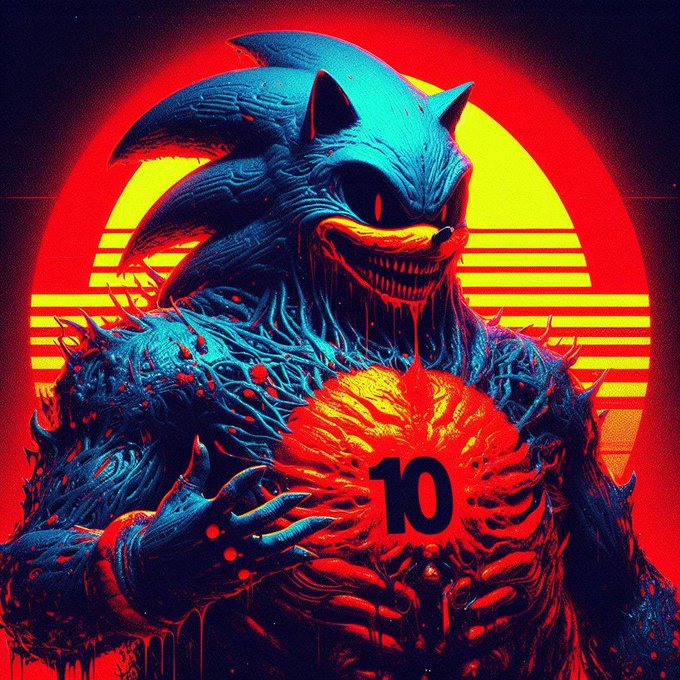 The image features a blue, graphic style portrait of Sonic the Hedgehog from the animated movie Sonic the Hedgehog 2. The artist has used bold colors and exaggerated shapes for the figure, making it appear as if it's breathing fire or spewing blood. There are also various elements like the number 10, which is superimposed on the figure, possibly representing a reference to an event in the movie. The image seems to be connected to a social media post about Harry Potter, where Sonic the Hedgehog has been mentioned and tagged by fans.