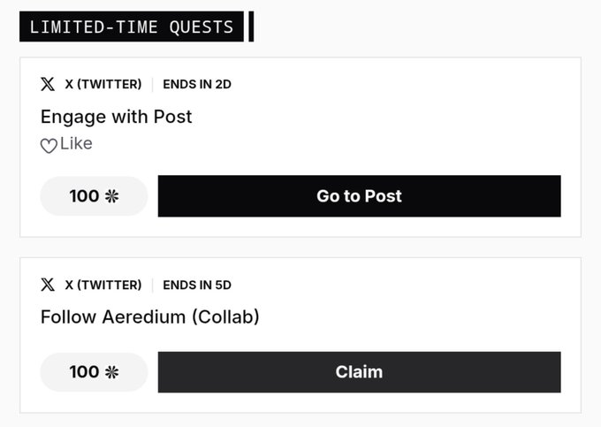 A 'LIMITED-TIME QUESTS' interface showing Twitter tasks to engage with a post and follow Aeredium (Collab), each rewarding 100 points.
