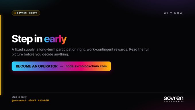 A dark-themed webpage for Sovren ($SOVR) blockchain features the tagline 'Step in early' with a gradient 'BECOME AN OPERATOR' button linking to node.svrnblockchain.com.