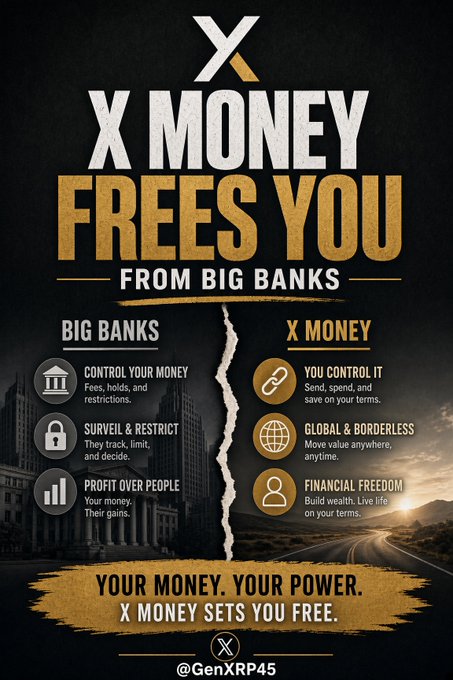 A promotional graphic for 'X MONEY' with the headline 'FREES YOU FROM BIG BANKS', comparing 'Big Banks' restrictions with X Money's features like 'Global & Borderless' and 'Financial Freedom', tagged with @GenXRP45.