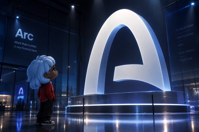 A small cartoon character with white hair and a red sweater stands before a giant glowing letter 'A' sculpture in a modern building labeled 'Arc - More than a chain. A new financial layer.'