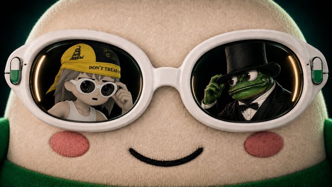 A plush character wearing white sunglasses displays a reflection of a figure in a "DON'T TREAD" cap in one lens and a green Pepe-like frog in a top hat in the other, cleverly visualizing the post's prediction that "everyone will see the vision" for $cupsey and become holders, as the sunglasses' reflections represent the universal "vision" the post claims all investors will eventually share.