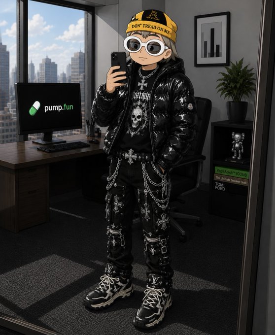An illustrated character wearing a black puffer jacket, skull-print pants, chains, and a yellow 'DON'T TREAD ON ME' cap stands in a room taking a mirror selfie, with a monitor displaying the 'pump.fun' logo.