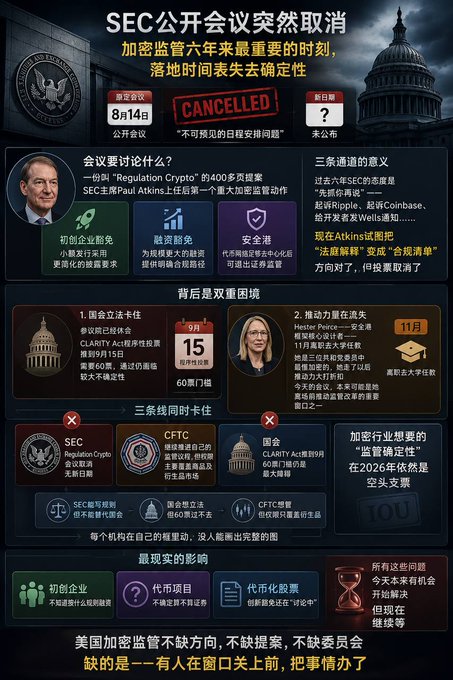 A Chinese-language infographic about an SEC (加密监管) meeting, noting an '8月14日' (August 14) meeting was 'CANCELLED', featuring SEC Chairman Paul Atkins and discussing Regulation Crypto.