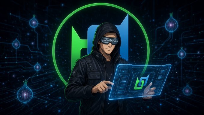 A hooded hacker character wearing sunglasses stands in front of a digital background, holding a tablet displaying a 'N' logo, with a larger 'N' symbol and onion graphics surrounding him.