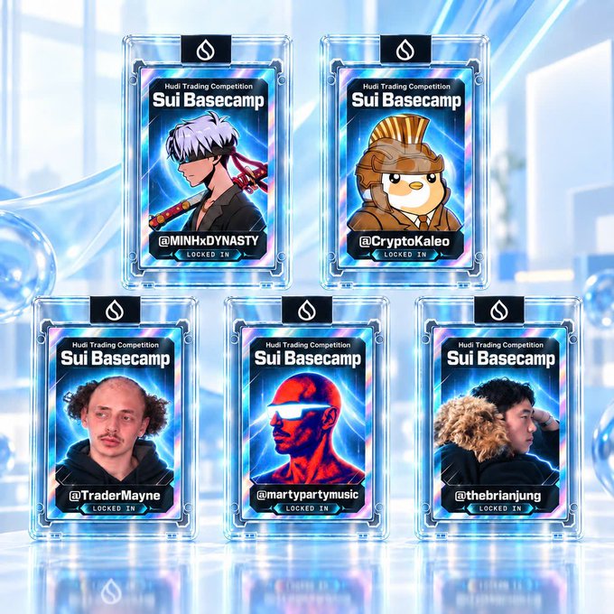 A promotional graphic for the 'Hudi Trading Competition Sui Basecamp' featuring five trading card-style images of competitors including @MINHxDYNASTY, @CryptoKaleo, @TraderMayne, @martypartymusic, and @thebrianjung, each marked 'LOCKED IN'.