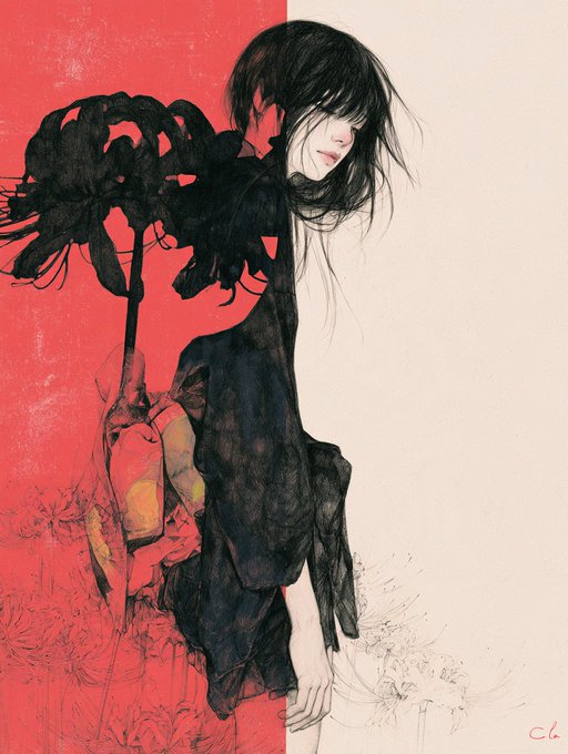 A stylized illustration of a woman with long dark hair in a flowing black garment beside a large dark flower, set against a bold red and cream background.