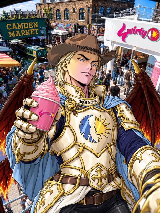 An anime-style illustration shows a blonde, armored knight with demonic wings holding a pink frozen yogurt cup in front of 'CAMDEN MARKET', with a 'Swirly' logo visible on a nearby building.