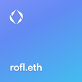 A graphic with a blue-to-purple gradient background featuring a white diamond logo at the top and the text 'rofl.eth' at the bottom left.