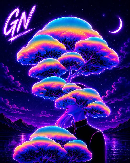 The image features a person standing under a tree with purple leaves, surrounded by neon lights that create an ethereal atmosphere. The background of the image includes mountains and a crescent moon, adding depth and context to the scene. The caption below the image reads "GN FAM Still watching some projects quietly building through all the noise @useTria continues pushing crypto payments closer toward modern banking-level UX and simplicity".