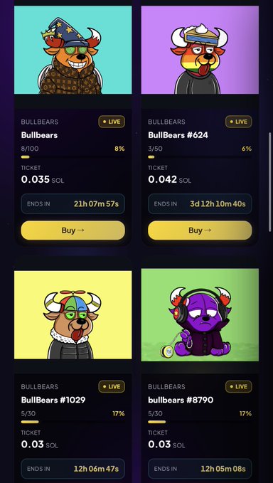A mobile app interface displays four 'BULLBEARS' NFT listings with prices in SOL, including BullBears at 0.035 SOL, BullBears #624 at 0.042 SOL, BullBears #1029 at 0.03 SOL, and bullbears #8790 at 0.03 SOL.