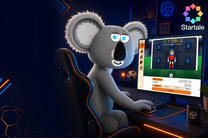 A 3D-rendered gray koala sits at a gaming desk playing "Penalty Game," a mini-app on Startale, with the monitor displaying a soccer goal-kicking interface showing "1.188 STAR" and a "PLAY NOW" button, visually promoting the mini-game where players can earn up to 100 STAR by completing a 5-play mission.