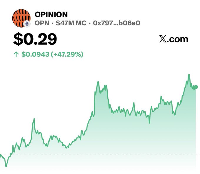The image shows a line graph with a dot at its lowest point indicating low cap gems that explode during market lows due to various factors such as narrative + technology + timing converging, and most people missing the three crucial aspects. $0.12 represents the initial price after which the market experienced significant declines. The X-axis is labeled with "OPN" (Opinion), "S47M (OPN) $47m MC", "0.12", and "X.com". The y-axis shows a decreasing trend, indicating a downward movement in value during that period.