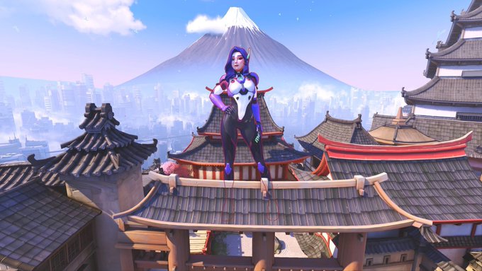 A 3D rendered scene of a purple-haired character in futuristic attire standing atop a traditional East Asian temple roof, with Mount Fuji and a cityscape in the background.