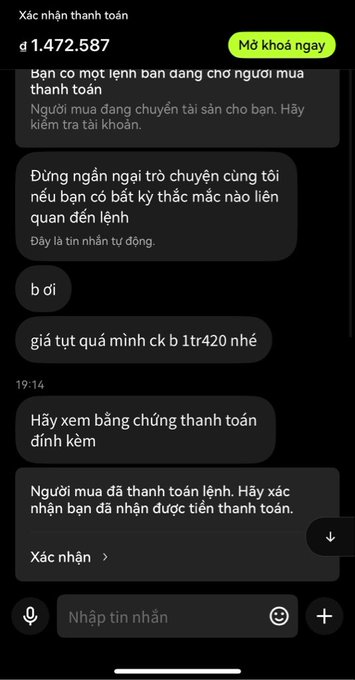 A Vietnamese-language chat interface displaying payment notifications for an order totaling "đ 1.472.587," with messages confirming the transfer of funds from a buyer.