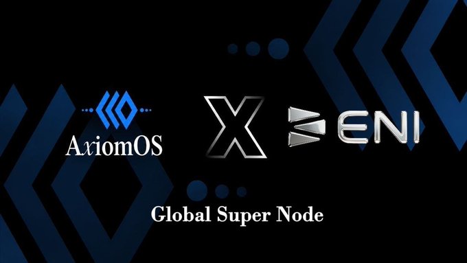 A promotional graphic displaying the AxiomOS and X MENI logos with the tagline 'Global Super Node' against a dark blue background with geometric patterns.