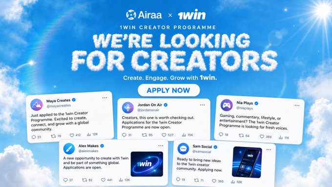 An advertisement for the 'Airaa x 1win Creator Program' set against a cloudy sky reads 'WE'RE LOOKING FOR CREATORS' and 'Create. Engage. Grow with 1win,' displaying mock social media posts from creators like Maya, Jordan, Nia, Alex, and Sam.
