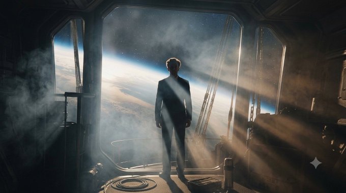 A silhouetted figure in a suit stands at the threshold of a spaceship looking out at Earth and the cosmos, with dramatic sunrays streaming through the doorway.