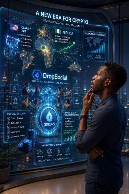 A man views a futuristic digital display titled 'A NEW ERA FOR CRYPTO' featuring $DROPS by DropSocial, with sections on the Clarity Act, Nigeria regulation, and global crypto adoption.