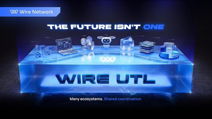 A futuristic blue promotional graphic for "Wire Network" displays the tagline "THE FUTURE ISN'T ONE" alongside icons representing various blockchain ecosystems (laptops, coins, robots, layers, and nodes), with "WIRE UTIL" prominently featured and the caption "Many ecosystems. Shared coordination." The image visually reinforces the post's message of blockchain interoperability by depicting multiple distinct technology icons unified on a single platform, symbolizing how diverse ecosystems like Ethereum and Solana can coexist and collaborate rather than competing for dominance.