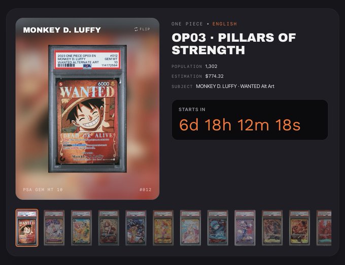 The image features a video game poster with an anime character that says "Monkey D. Luffy OP03 Pillars of Strength" which appears to be related to a video game called "MONSTER UMBRELLA". The poster is displayed on a website called "auction.getvolt.gg" where it talks about launching a new live auction for TCG collectibles, specifically focusing on an anime character from the game, OP03 Pillars of Strength. The post includes details such as the title, date and time when the auction starts (6d 18h 12m 18s), duration of the auction (6d 12h 18s), and a description of the item for sale, which is an anime collection called "MONSTER UMBRELLA".