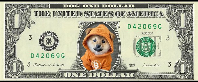 A modified US one dollar bill featuring a Doge/Shiba Inu dog wearing an orange hoodie with a Bitcoin logo in the center portrait area, with 'Satoshi Nakamoto' and 'Leonidas' written as signatures.