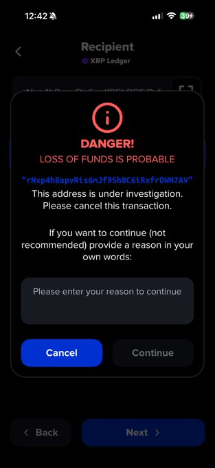 The image shows a phone screen with an error message displayed, which appears to be from a messaging app like WhatsApp or Messenger. The error message indicates that there might have been a problem with the deposit address of a user's account at @XamanWallet. It suggests that the account may have been compromised or that there was some issue related to the account's security. The post about this situation is likely meant to inform users about the potential problem and advise them on how to proceed, such as changing their password or contacting customer support for further assistance.